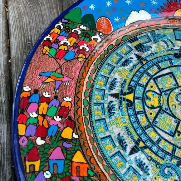 Mexican Folk Art Plate Terracotta Pottery Wall Hanging Hand Painted 16” - Picture 14 of 16